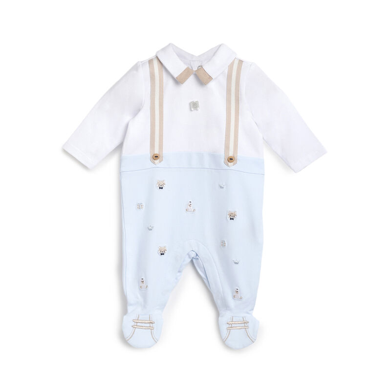 Boys White and Light Blue Printed Leg Opening Babysuit image number 0